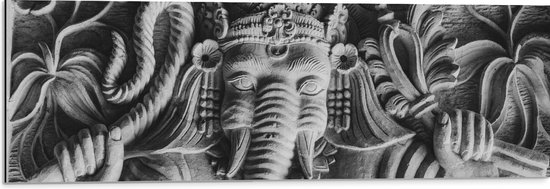 Dibond - Stenen Ganesha Beeld met Details van Bloemen - 90x30 cm Foto op Aluminium (Wanddecoratie van metaal)