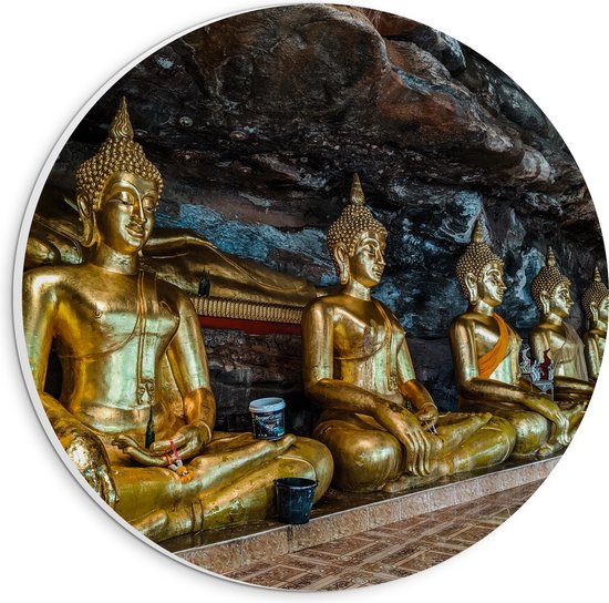 PVC Schuimplaat Muurcirkel - Rijen Gouden Boeddha's in Wat Tham Khuha Sawan Tempel in Thailand - 20x20 cm Foto op Muurcirkel (met ophangsysteem)