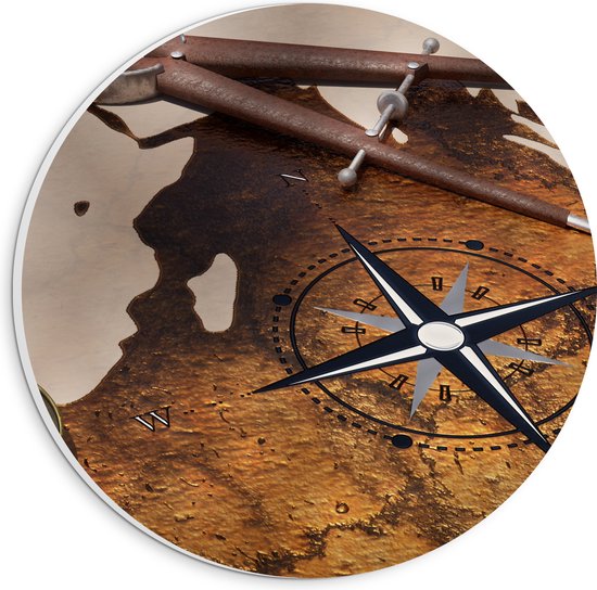 PVC Schuimplaat Muurcirkel - Kompas op Wereldkaart - 20x20 cm Foto op Muurcirkel (met ophangsysteem)