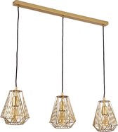 MANDEE.NL - Cassy Goud Rechthoekig Moderne Hanglamp 3-lichtbronnen - Hanglamp met 3 lichtpunten, vintage, industrieel, retro, hanglamp van staal en hout in goud, naturel, voor eettafel en woonkamer, met E27 fitting