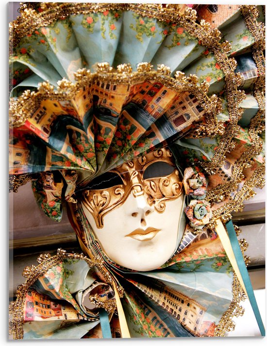Acrylglas - Prachtig Masker met Blauwe Kraag en Gouden Details - 30x40 cm Foto op Acrylglas (Wanddecoratie op Acrylaat)