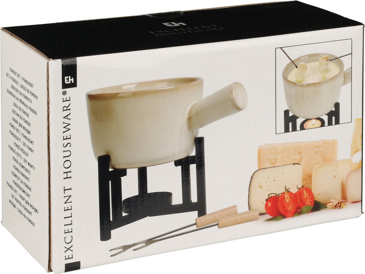 Excellent Houseware Kaasfondue setje met houder - porselein - beige/zwart - incl. 2 vorken – foto 4
