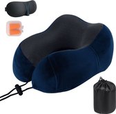 Oreiller cervical ergonomique pour un voyage confortable + sac de rangement + bouchons d'oreille + masque pour les yeux - bleu marine