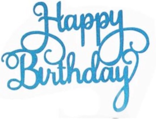 Blauwe glitter taarttopper met de tekst 'Happy Birthday'.