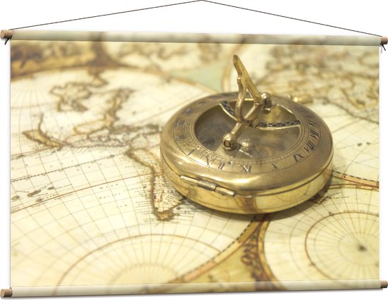 Textielposter - Gouden Kompas op Wereldkaart - 120x80 cm Foto op Textiel