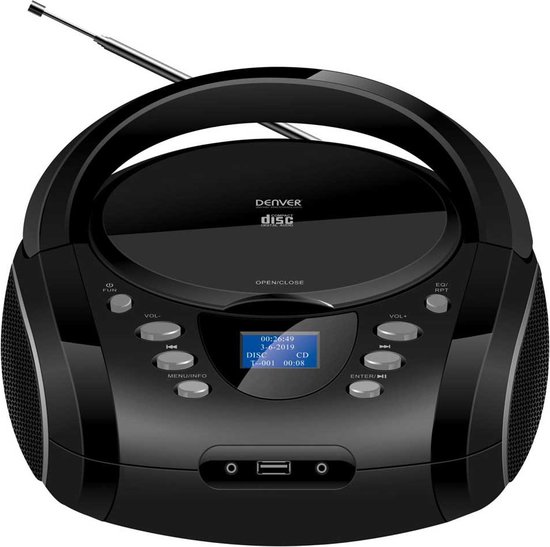 Denver Radio CD speler - Draagbare Boombox - Bluetooth - DAB Radio - DAB+/FM Radio - AUX/USB/SD - LCD Scherm - TDB10 - Zwart - Denver