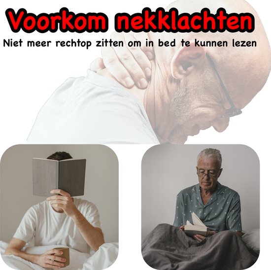 Man met nekklachten en mannen die lezen in bed.