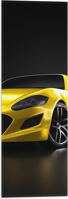 Vlag - Vooraanzicht van Gele Auto tegen Zwarte Achtergrond - 20x60 cm Foto op Polyester Vlag