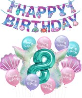 Snoes - Set de Fête de sirène - Paquet de ballons avec guirlande Happy Birthday - Ballon numéroté turquoise menthe 8 ans