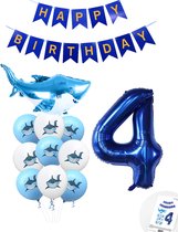 Cijferballon 4 Blauw - Haai - Shark - Ballonnen Pluspakket - Slinger Feestvieren - Verjaardag Snoes