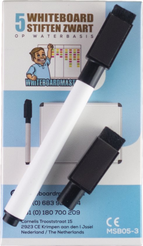 Vijf magnetische whiteboard stiften zwart (met magneet / wisser in dop) - Whiteboardmaster