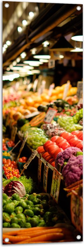 Tuinposter – Markt - Eten - Groente - Fruit - Kleuren - 40x120 cm Foto op Tuinposter (wanddecoratie voor buiten en binnen)
