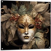 Tuinposter – Venetiaanse carnavals Masker met Gouden en Beige Details tegen Zwarte Achtergrond - 100x100 cm Foto op Tuinposter (wanddecoratie voor buiten en binnen)