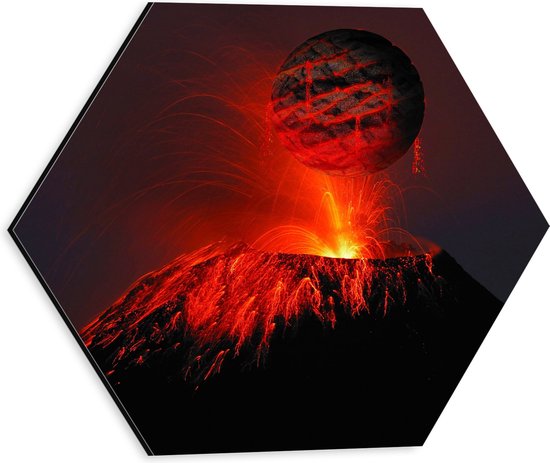 Dibond Hexagon - Berg - Vulkaan - Vuur - Lava - Zwart - Rood - 30x26.1 cm Foto op Hexagon (Met Ophangsysteem)