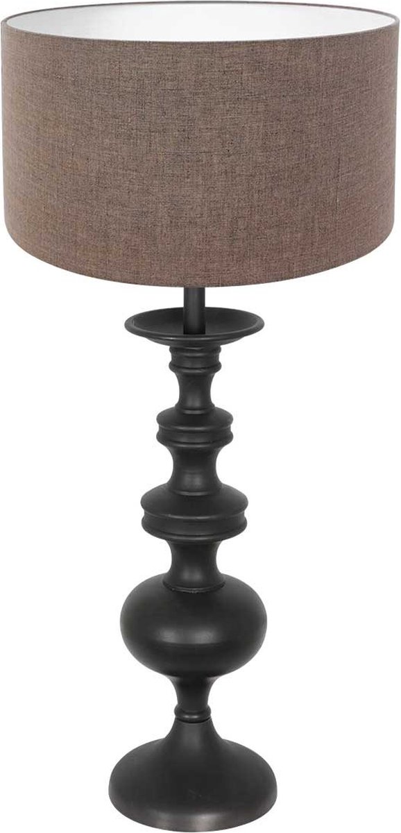 Houten tafellamp Lyons met kap | 1 lichts | grijs / zwart | hout / linnen | Ø 40 cm | 68 cm hoog | dimbaar | modern / sfeervol design