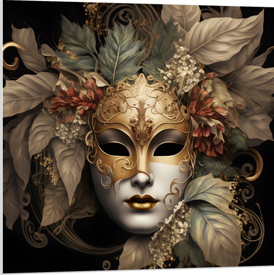 PVC Schuimplaat- Venetiaanse carnavals Masker met Gouden en Beige Details tegen Zwarte Achtergrond - 80x80 cm Foto op PVC Schuimplaat