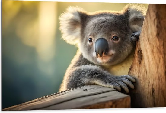 Dibond - Aandoenlijke Koala van Achter Boom - 105x70 cm Foto op Aluminium (Met Ophangsysteem)
