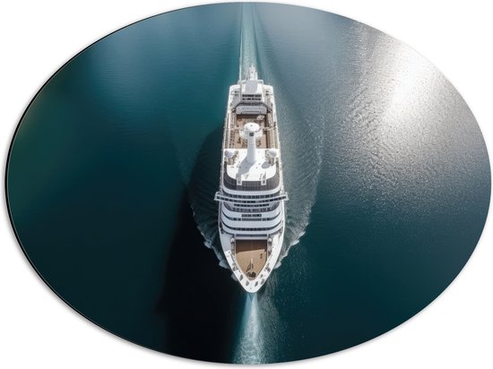 Dibond Ovaal - Bovenaanzicht van Cruiseschip op het Water - 56x42 cm Foto op Ovaal (Met Ophangsysteem)
