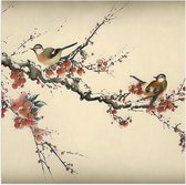 Poster (Mat) - Tekening van Vogeltjes op Smalle Tak met Rode Bloemen - 50x50 cm Foto op Posterpapier met een Matte look