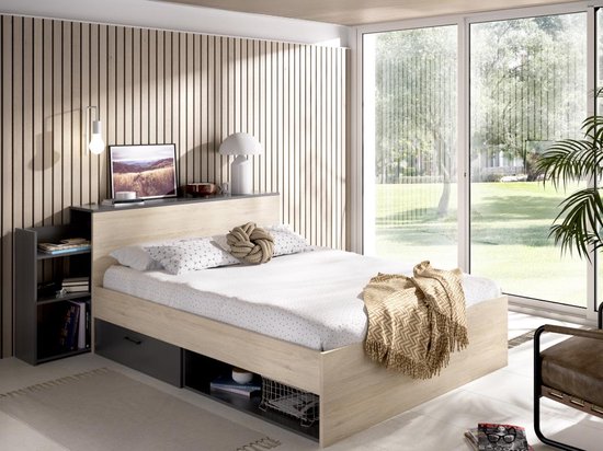 Lit avec tête de lit avec rangements et tiroirs - 140 x 190 cm - Coloris :  Aspect bois... | bol.