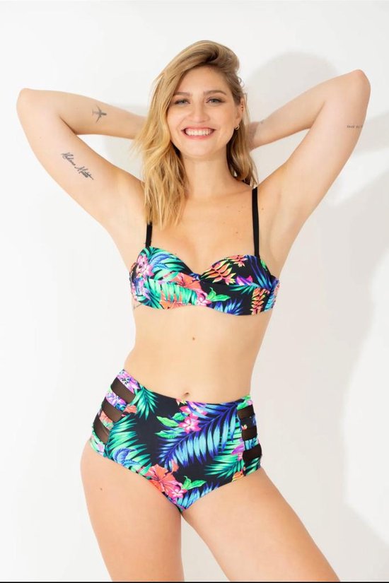 Bikini Set 2 delig- Nieuw Collectie Dames Badmode&Bikini- High Waist beugel Push up Bikini VC714- Zwart Tropische details- Maat 36