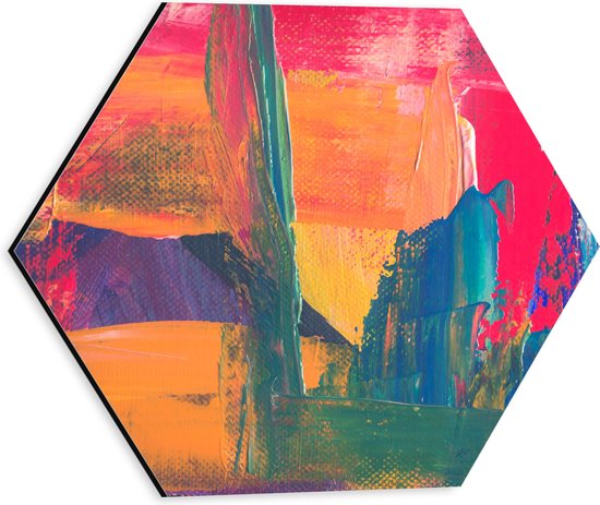 Dibond Hexagon - Abstract Kunstwerk in Oranje, Blauwe en Roze Tinten - 30x26.1 cm Foto op Hexagon (Met Ophangsysteem)