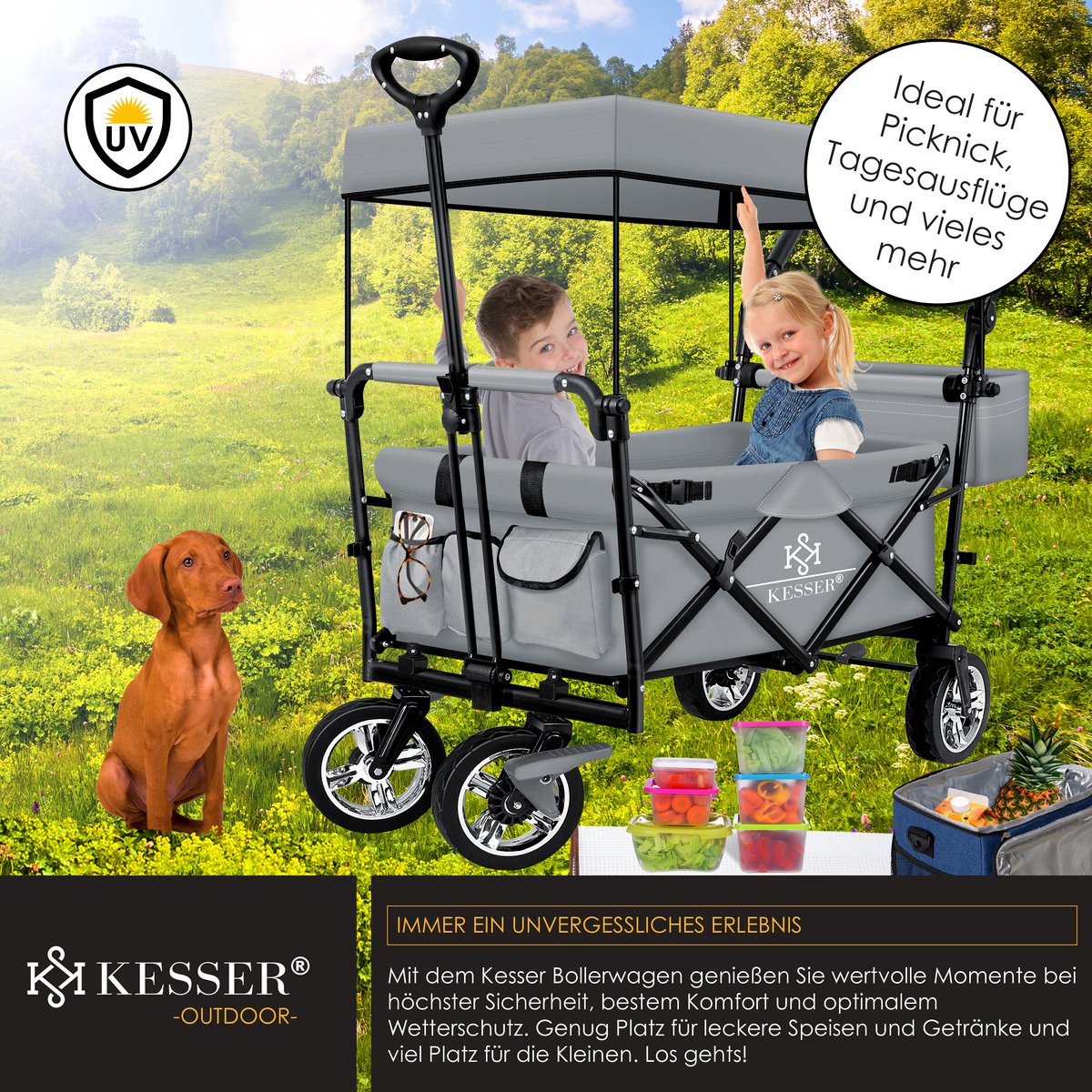 Chariot De Transport Pliable KESSER GTS-9100 - Charge Max 150kg, Toit Amovible, 4 Roues Caoutchouc Avec Freins