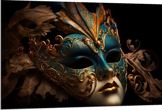 Dibond - Venetiaanse carnavals Masker met Blauwe en Gouden Details tegen Zwarte Achtergrond - 120x80 cm Foto op Aluminium (Met Ophangsysteem)
