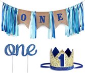 Cakesmash eerste verjaardagset set blauw met jute en goud met stoelslinger, hoedje en taart topper One