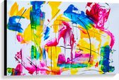 Canvas - Gele, Blauwe en Roze Verfstrepen op Witte Achtergrond - 90x60 cm Foto op Canvas Schilderij (Wanddecoratie op Canvas)