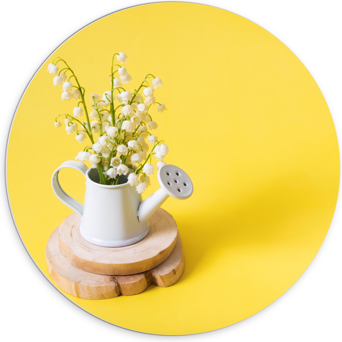 PVC Schuimplaat Muurcirkel - Boeket in Gieter met Gele Achtergrond - 70x70 cm Foto op Muur