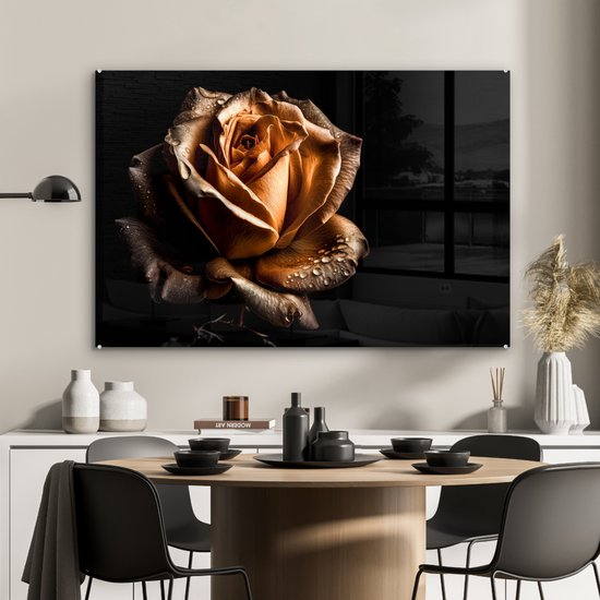 MuchoWow® Peinture sur verre - Rose - Or - Fleurs - Botanique Zwart - 90x60 cm - Peintures sur verre acrylique - Photo sur Glas