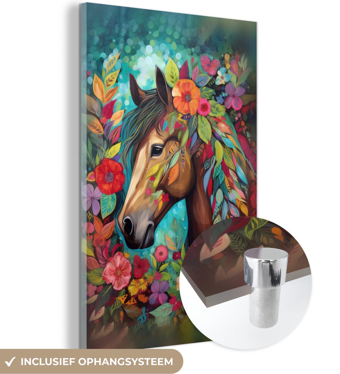 MuchoWow® Glasschilderij 100x150 cm - Schilderij acrylglas - Paard - Bloemen - Schilderij 