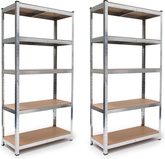 Twee identieke stellingkasten naast elkaar, beide met 5 houten planken en metalen frame.