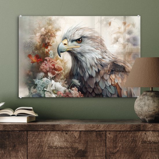 MuchoWow® Glasschilderij 60x40 cm - Schilderij acrylglas - Arend - Adelaar - Vogel - Bloemen - Natuur - Foto op glas - Schilderijen