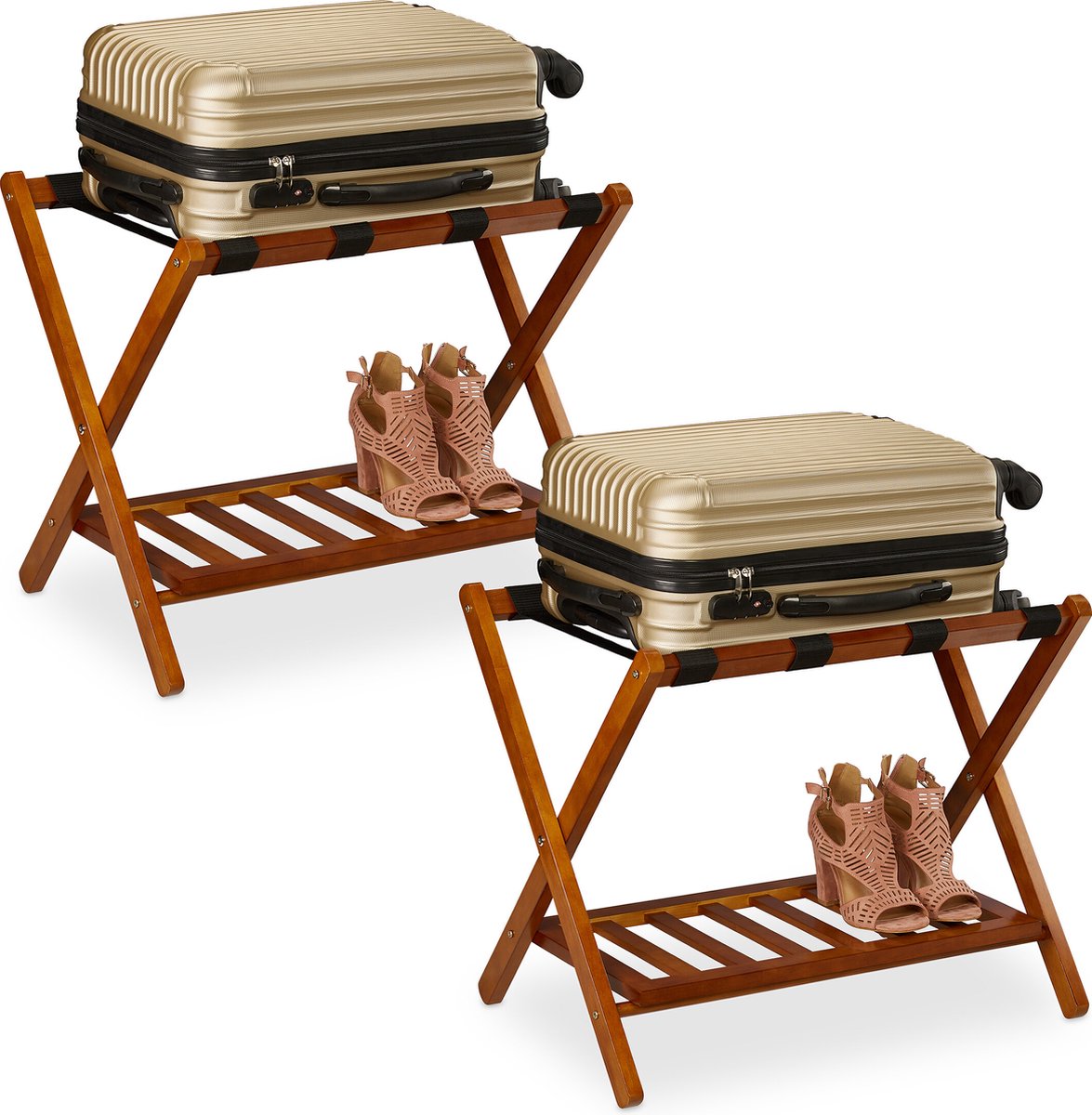 Relaxdays kofferrek inklapbaar - set van 2 - hout - met schoenenplank - bagagarek 30 kg