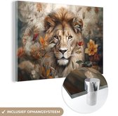 MuchoWow® Glasschilderij 60x40 cm - Schilderij acrylglas - Leeuw - Wilde dieren - Planten - Natuur - Bloemen - Foto op glas - Schilderijen