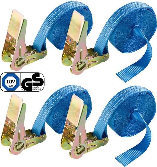 Vier blauwe spangordels met metalen ratels, elk 6m x 25mm, met TUV SUD en GS keurmerken.