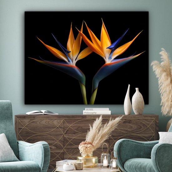 Peinture sur toile 160x120 cm - Décoration murale Plantes - Fleurs - Fleur oiseau de paradis - Portrait - Zwart - Décoration murale salon - Décoration chambre - Accessoires de chambre - Peintures