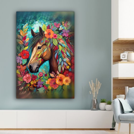 Peinture sur toile 90x140 cm - Décoration murale Cheval - Fleurs - Tableau - Nature - Peinture - Décoration murale murale salon - Décoration chambre - Accessoires chambre - Peintures