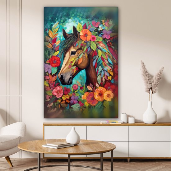 Peinture sur toile 90x140 cm - Décoration murale Cheval - Fleurs - Tableau - Nature - Peinture - Décoration murale murale salon - Décoration chambre - Accessoires chambre - Peintures