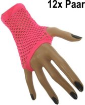 12x Paar Nethandschoen vingerloos kort fluor pink - Koningsdag thema feest festival party fun