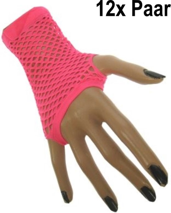 12x Paar Nethandschoen vingerloos kort fluor pink - Koningsdag thema feest festival party fun