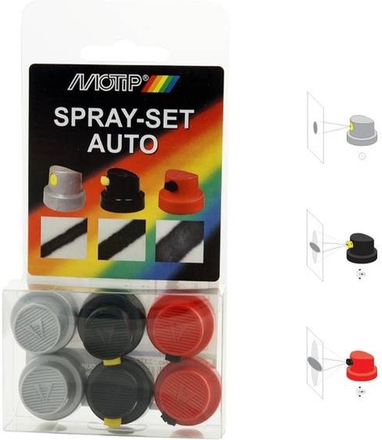 Set van 6 spuitkoppen: grijs, zwart en rood met illustraties van spuitpatronen.