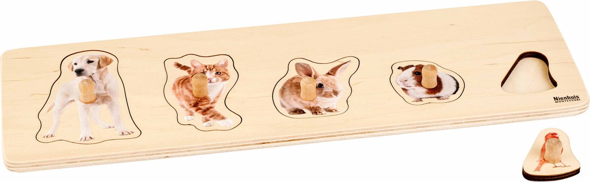 Nienhuis Montessori Kinderpuzzel Huisdieren - Houten speelgoed - Houten puzzel - Educatief speelgoed - Houten dieren speelgoed - 5 stukjes - Vanaf 2 jaar