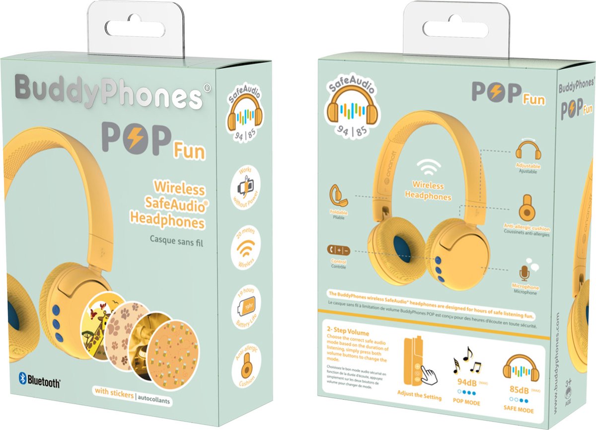 BuddyPhones PopFun Koptelefoon Kinderen - Kinder Koptelefoon Draadloos – Volumelimiet 84/95 dB – 24 uur batterijduur – Bluetooth Hoofdtelefoon - Ingebouwde microfoon - Inclusief Leuke Stickers - Geel — afbeelding 5