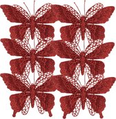 House of Seasons kerstboomversiering vlinders op clip - 6x st - rood - 16 cm