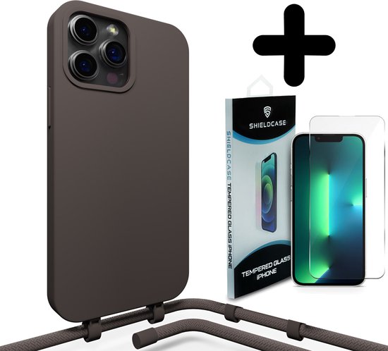 Coverzs Coque en silicone avec cordon adapté pour iPhone 14 Pro (café noir) + Protège-écran ShieldCase - Verre de protection Protection iPhone - Coque de protection iPhone + Protège-écran