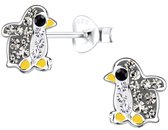 Joy|S - Zilveren pinguïn oorbellen - 7 x 8 mm - grijs geel met kristalletjes - kinderoorbellen