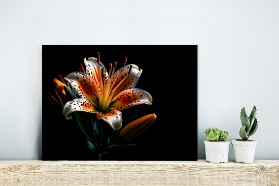 Décoration murale Métal - Peinture Aluminium Industriel - Fleurs - Lys - Oranje - Portrait - Zwart - 40x30 cm - Dibond - Photo sur aluminium - Décoration murale industrielle - Pour le salon/chambre